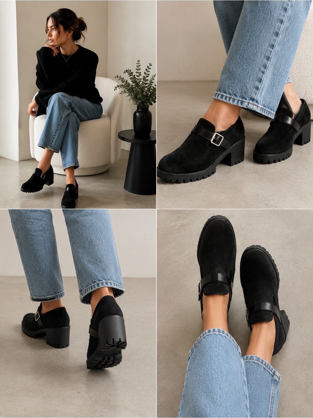 Black Suede Mary Jane Platform Heels EU 39 / US 8.5 Chunky Lug Sole Loafers
